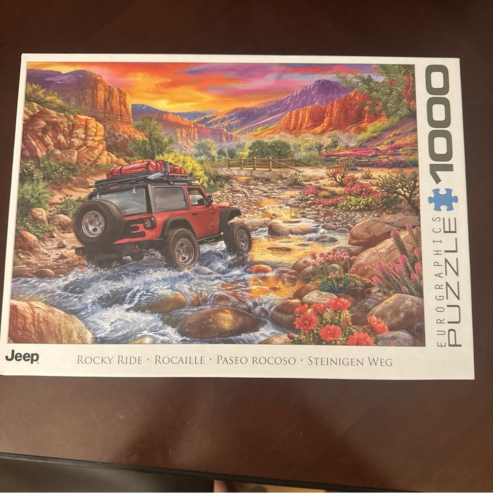 Jeep Puzzle with Desert Wildflowers and Rocky Stream - Red and Green Accents